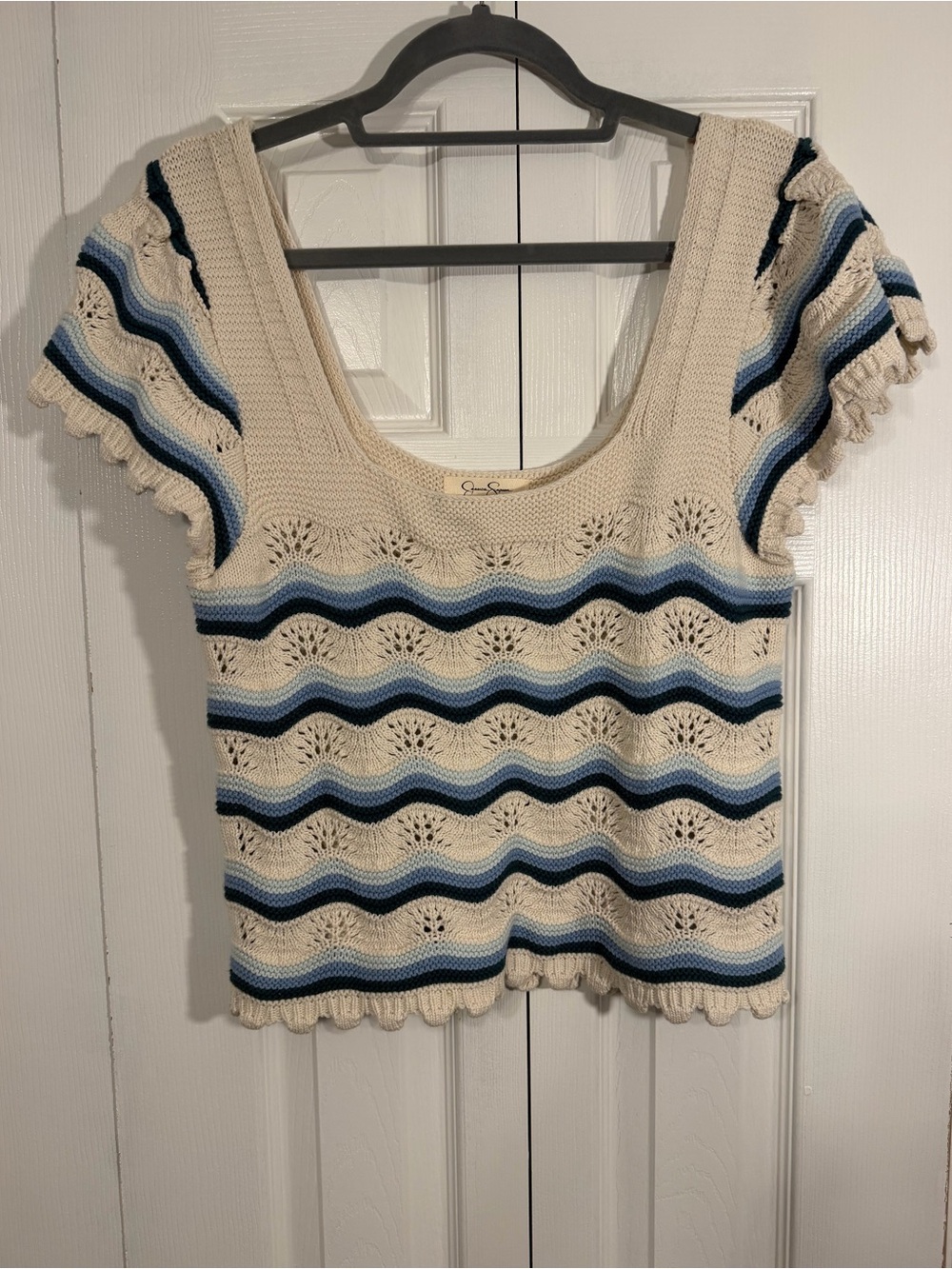 Jessica Simpson Crochet Stripe Knit Top XL Cream Blue